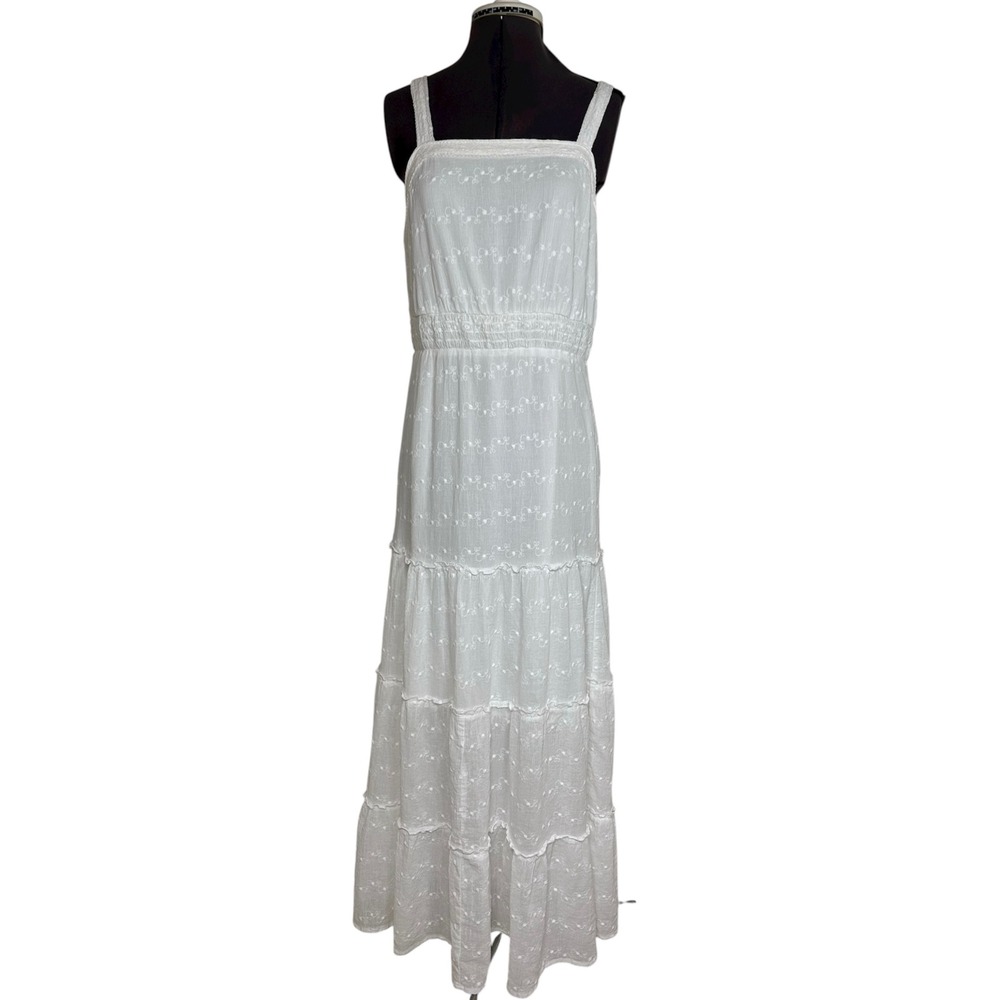 Knox Rose Cotton Of White Sleeveless Tiered Smocked Detail Pull on Maxi Dress L